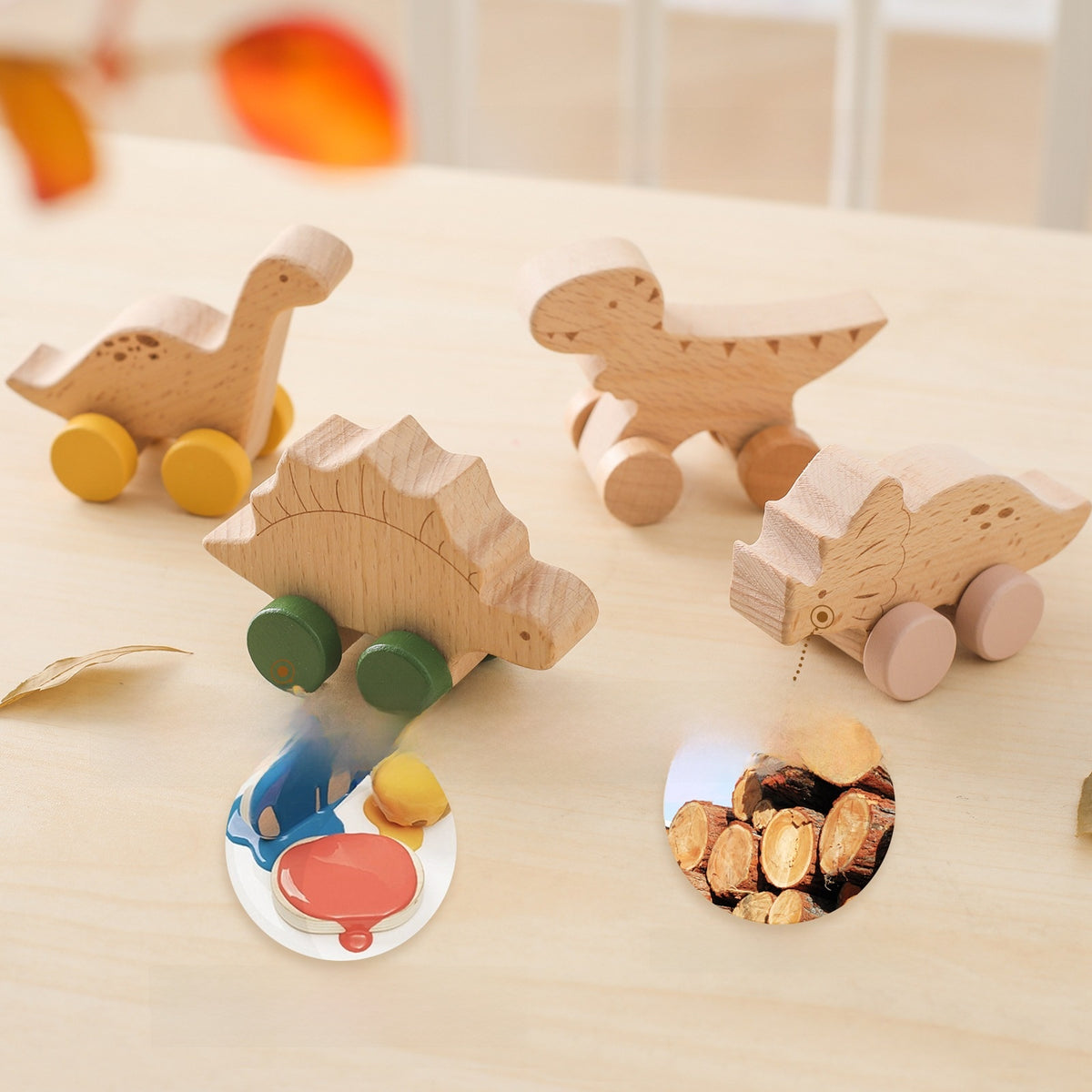 1 piece of birch wood Montessori toy dinosaur with wheels, multi-variant style
