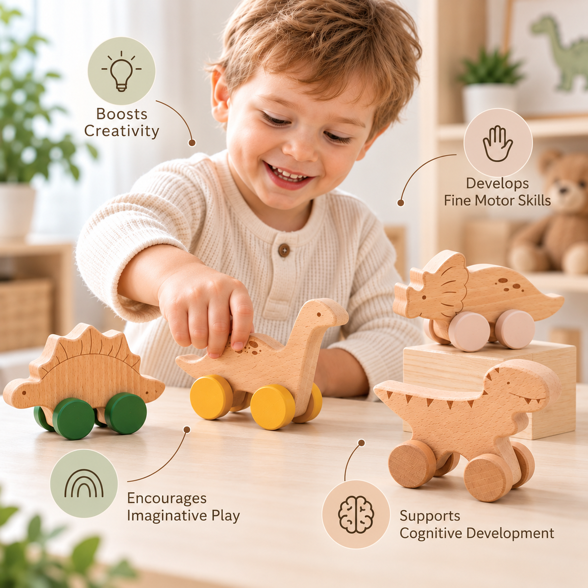 Wooden Pull-Back Dinosaur Toy