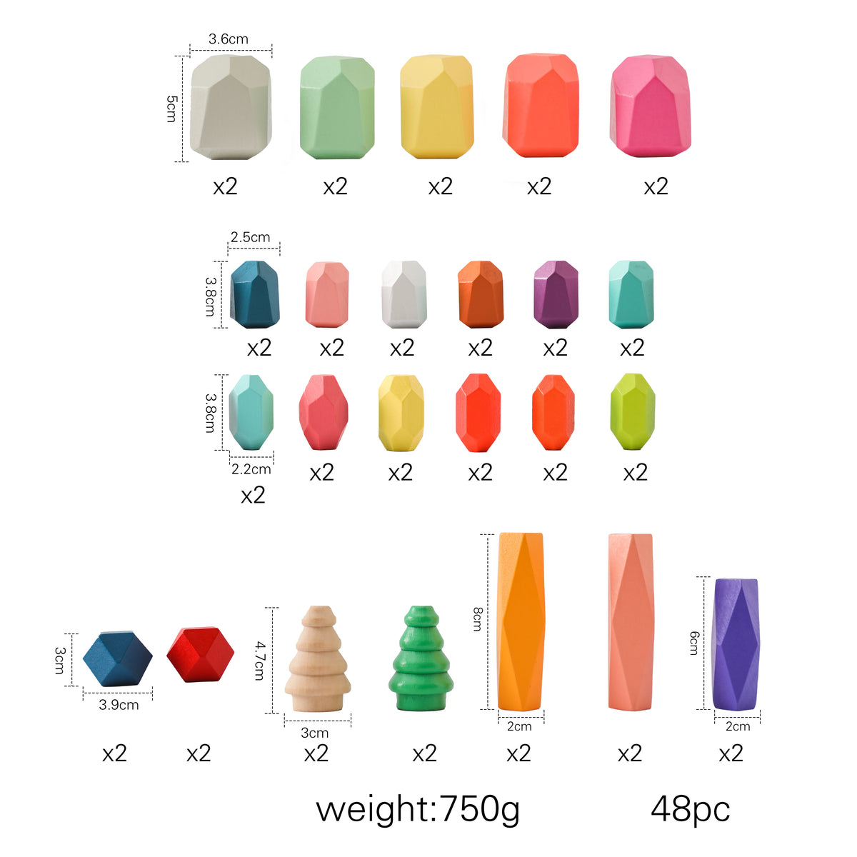 48Pcs Wooden Rainbow Balancing Stones