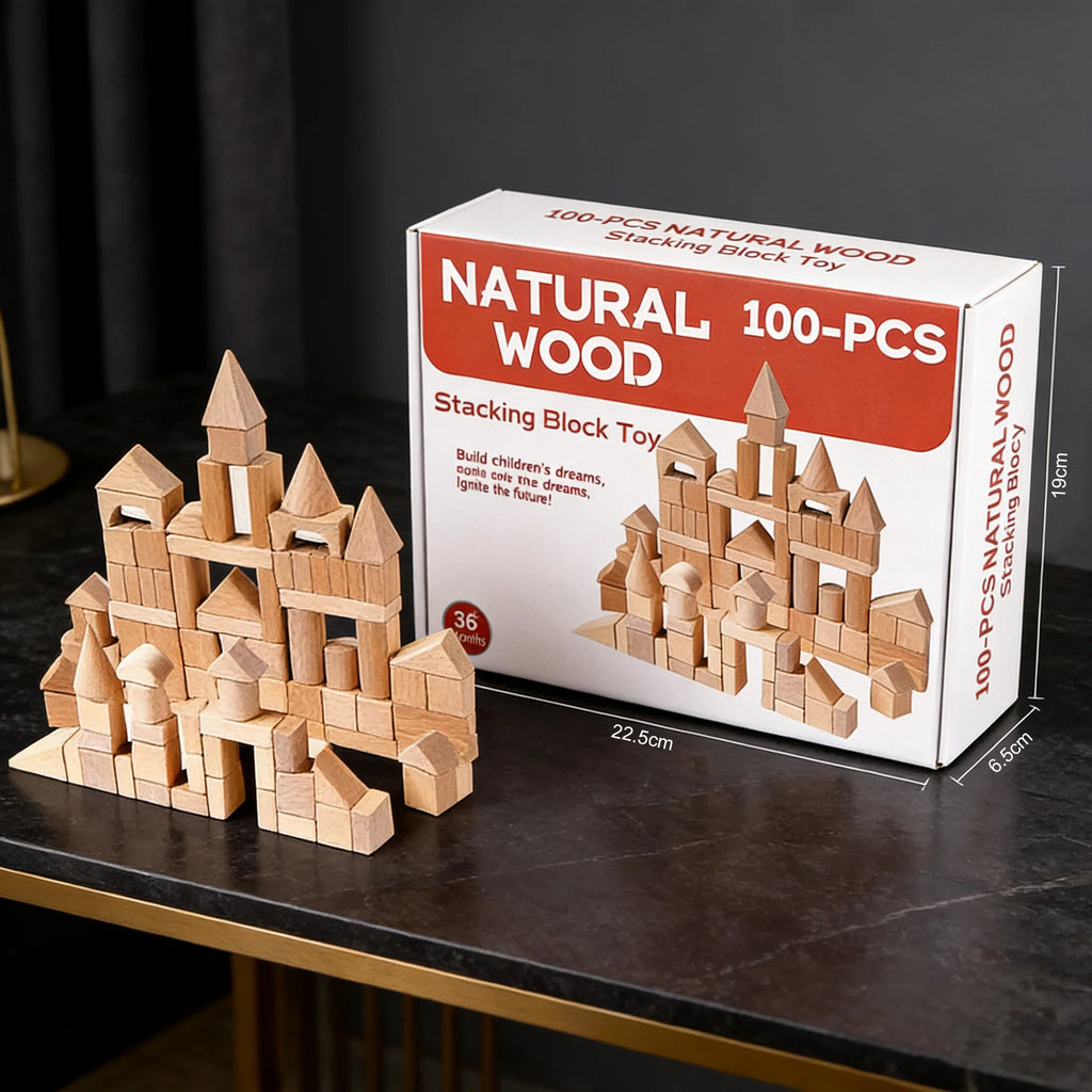 100 Pcs Beech Wood Building Blocks Set
