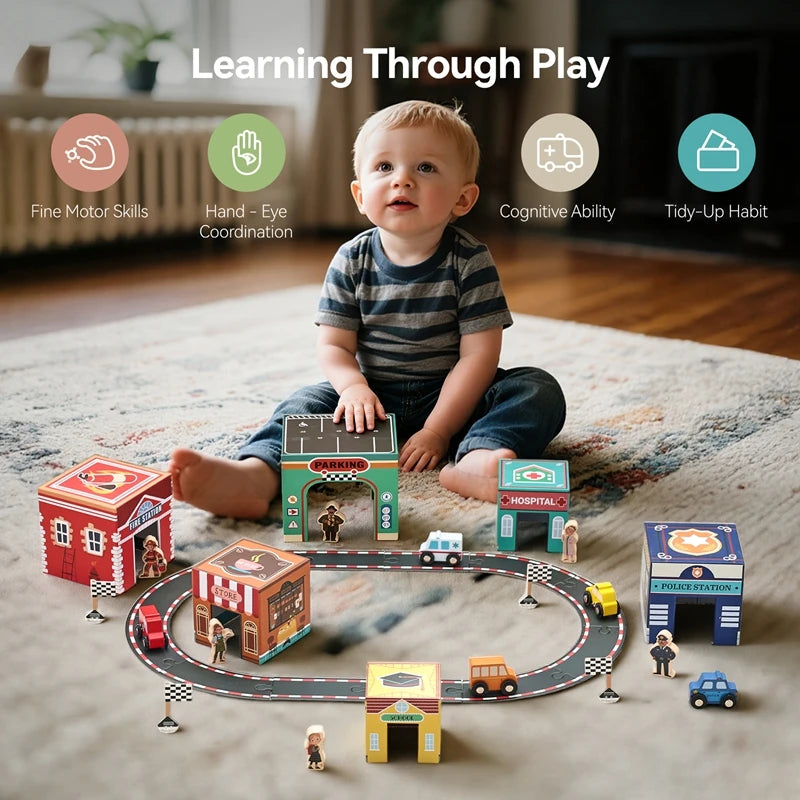 Wooden Vehicle Building Blocks Track Set