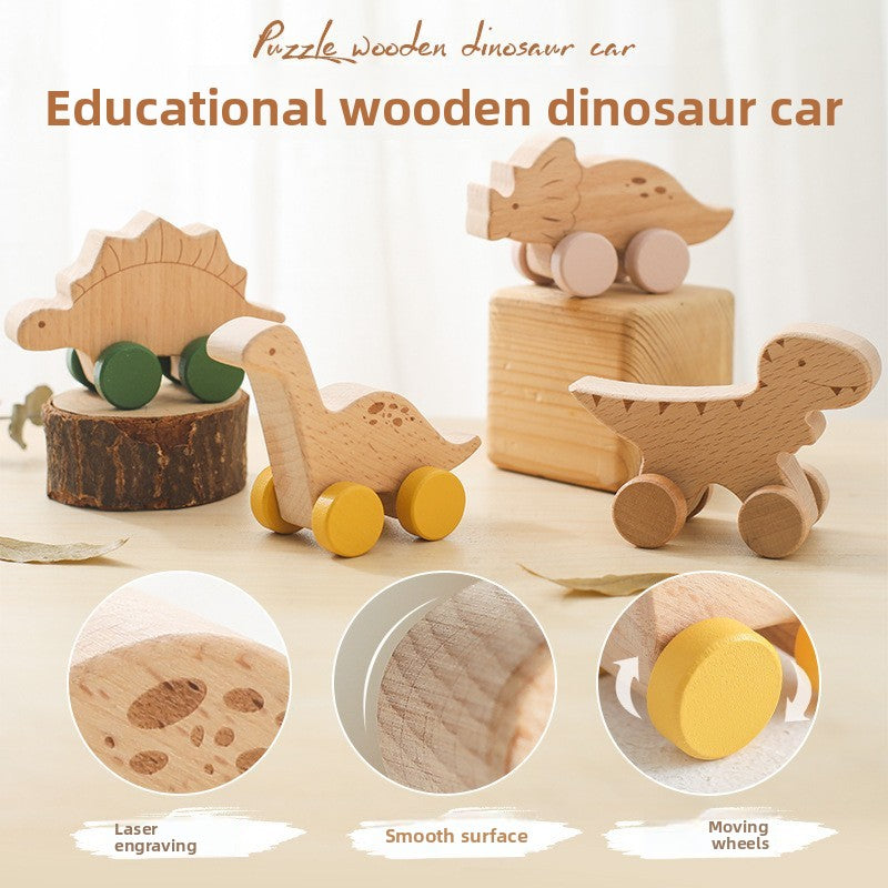 1 piece of birch wood Montessori toy dinosaur with wheels, multi-variant style